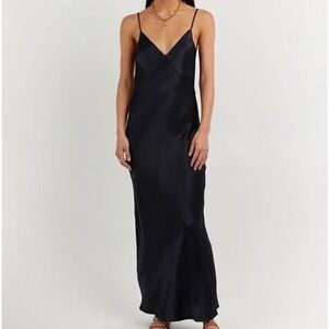 DISSH Simone Navy Satin Slip Dress Maxi Navy Blue V-Neck US 8 NWT